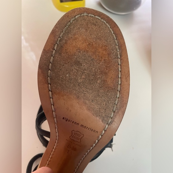 Sigerson Morrison Women’s Greek Black Leather Wood Heel Sandals - Picture 11 of 16